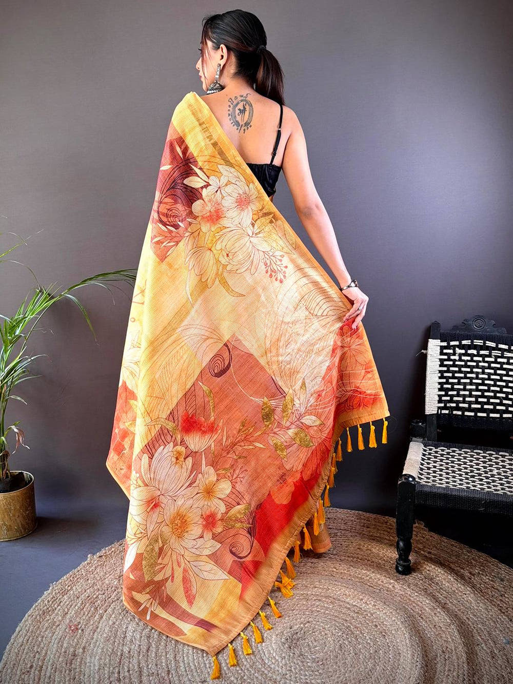Golden Yellow Semi Zari Tussar Floral Saree