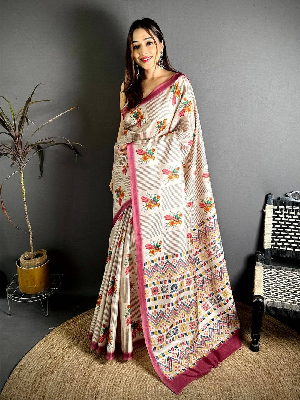 Madhubani Bird Pallu Tussar Saree