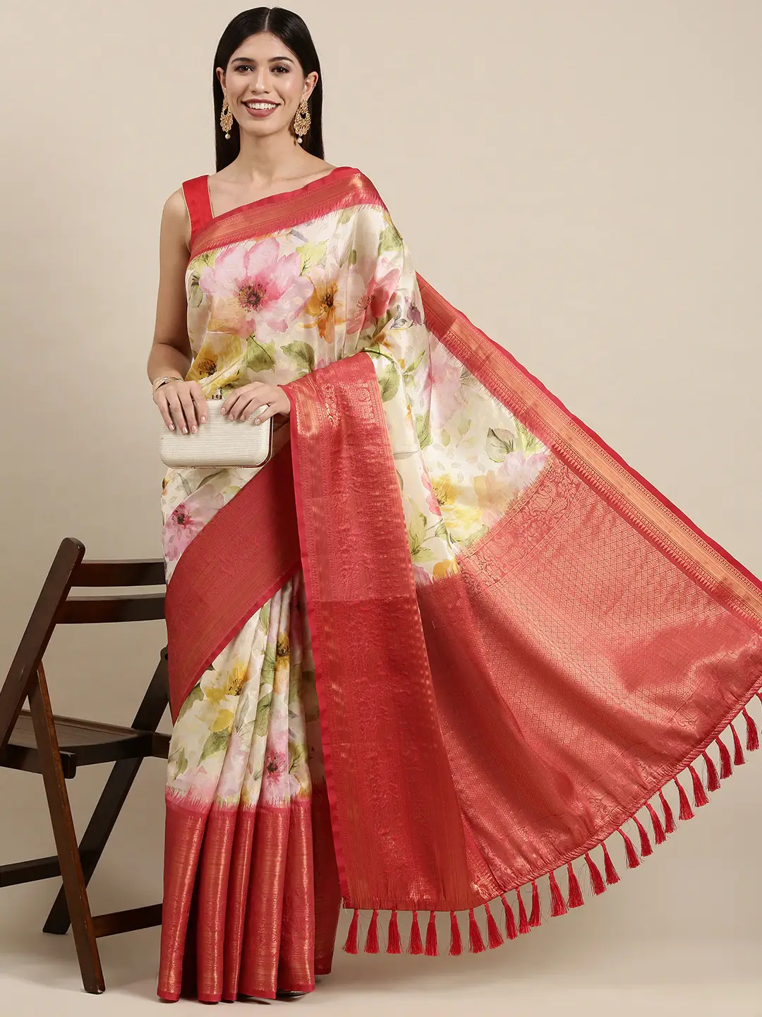 Red Colour Digital Floral Print Pattu Banarasi Silk Saree