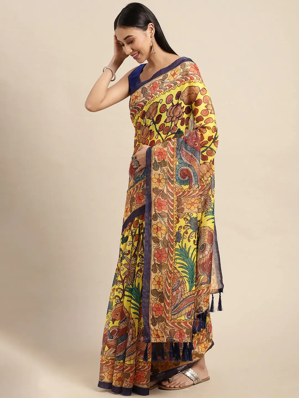Beautiful Digital Print Kalamakri Design Soft Linen Saree