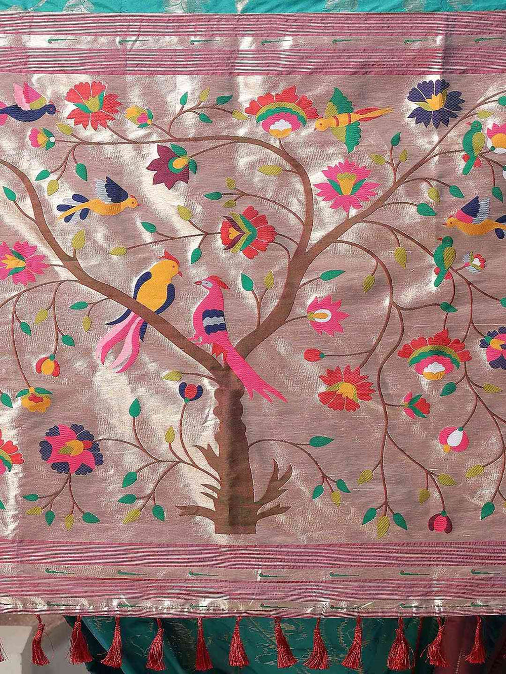 Silk Blend Woven Zari Work Paithani Saree In Rama Colour