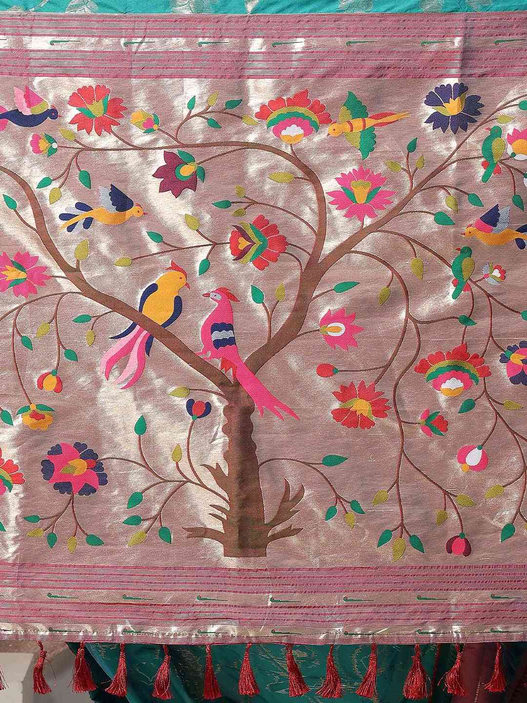 Silk Blend Woven Zari Work Paithani Saree In Rama Colour