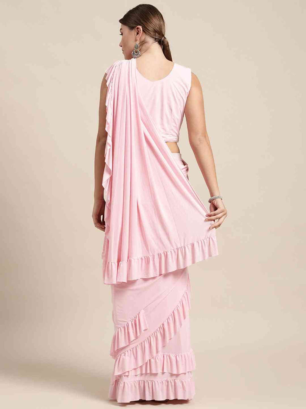 Stylish Viscose Rayon Pink Colour Solid Saree With Ruffel Border