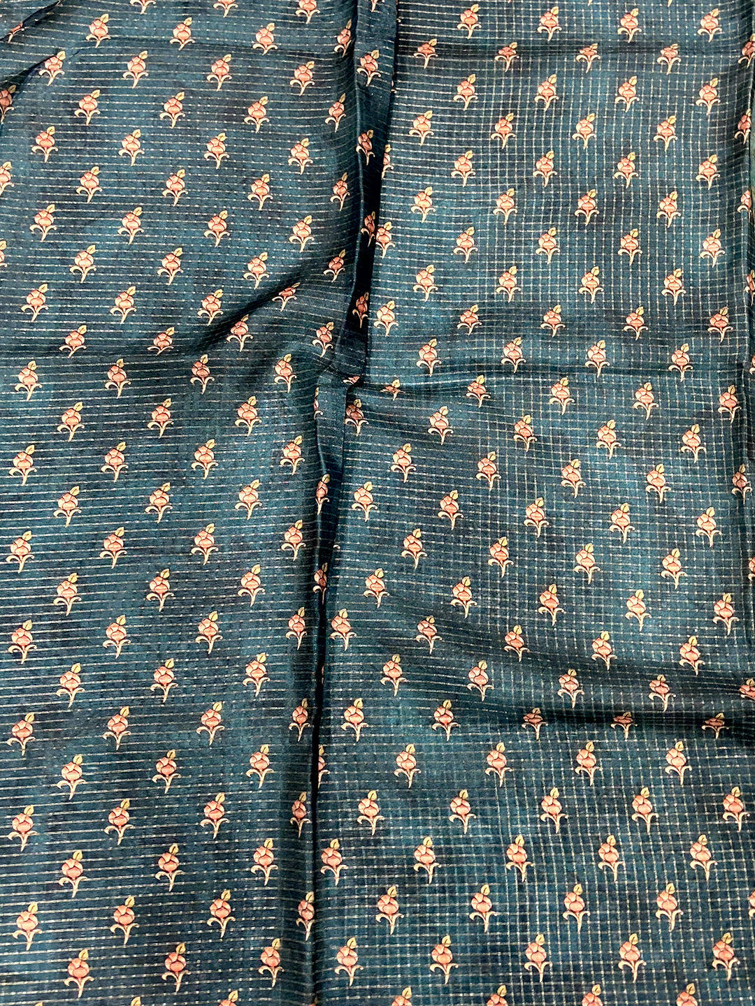 Teal Blue Gold Zari Chanderi Phulkari Floral Saree
