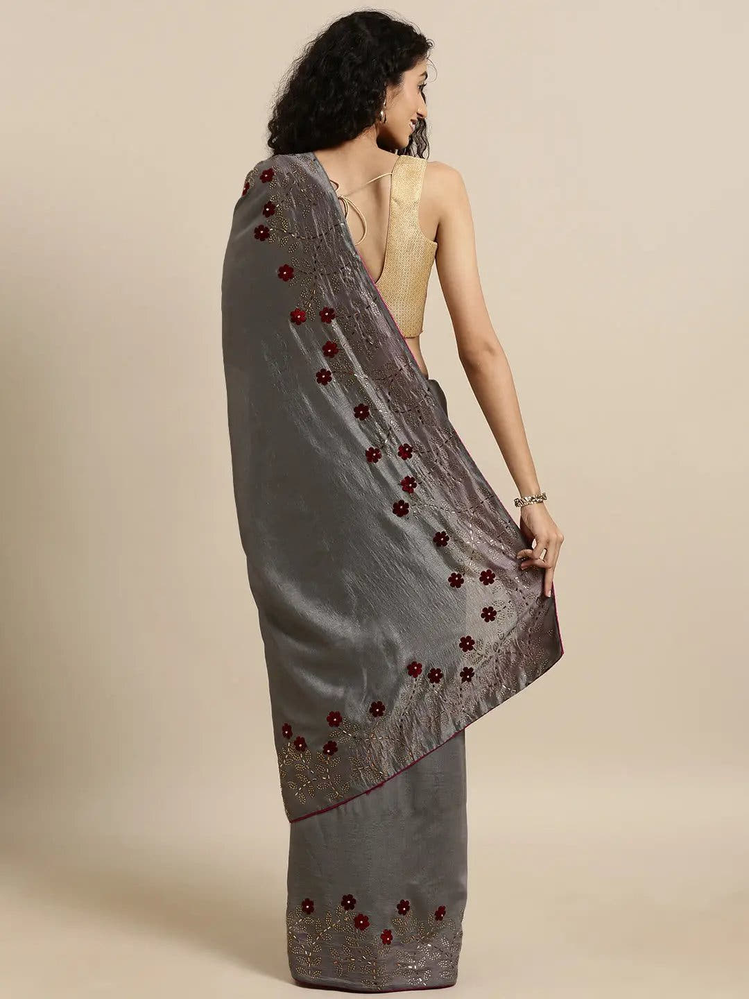 Poly Silk Grey Colour Solid Saree With Embellished Border