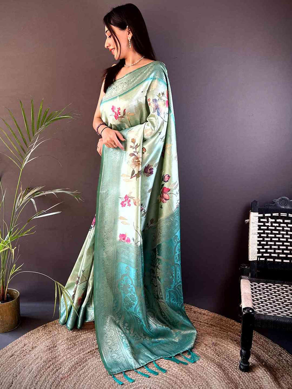 Mint Green Bamboo Silk Floral Saree