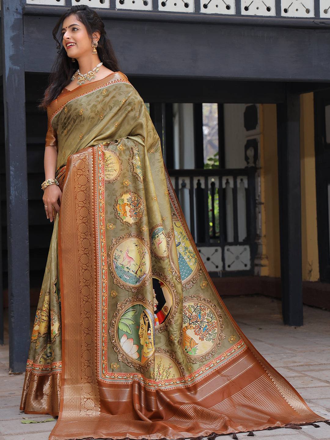 Pure Viscose Dola Silk Saree With Zari Weaving Pallu In Olive Colour - Luxe