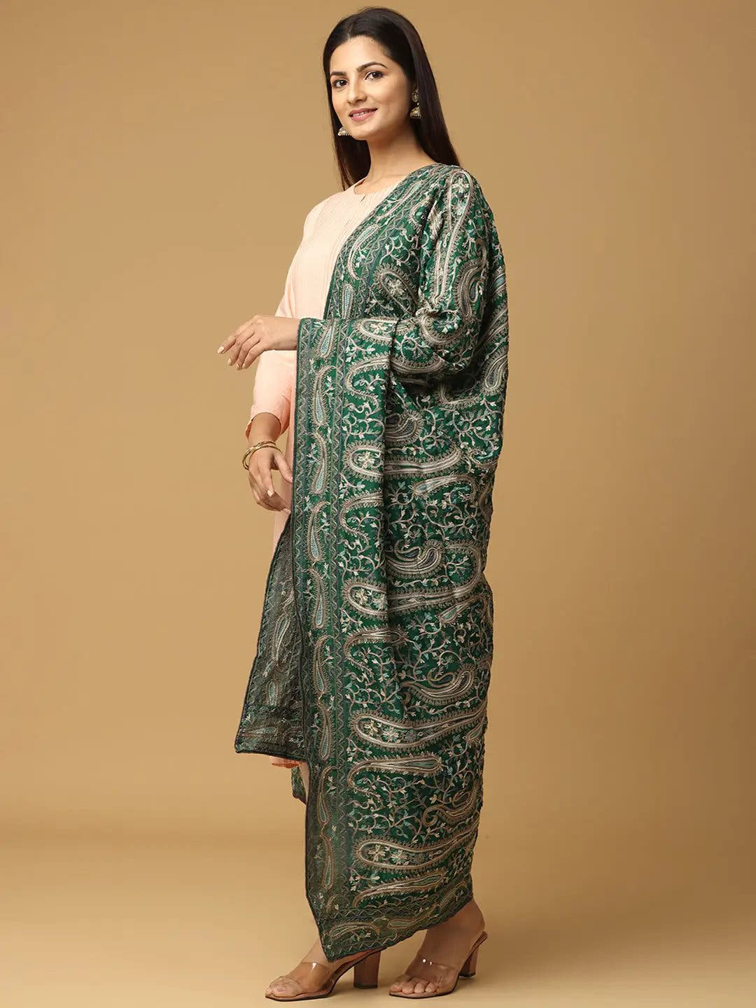 Dark Green Tonal Paisley Pashmina Dupatta