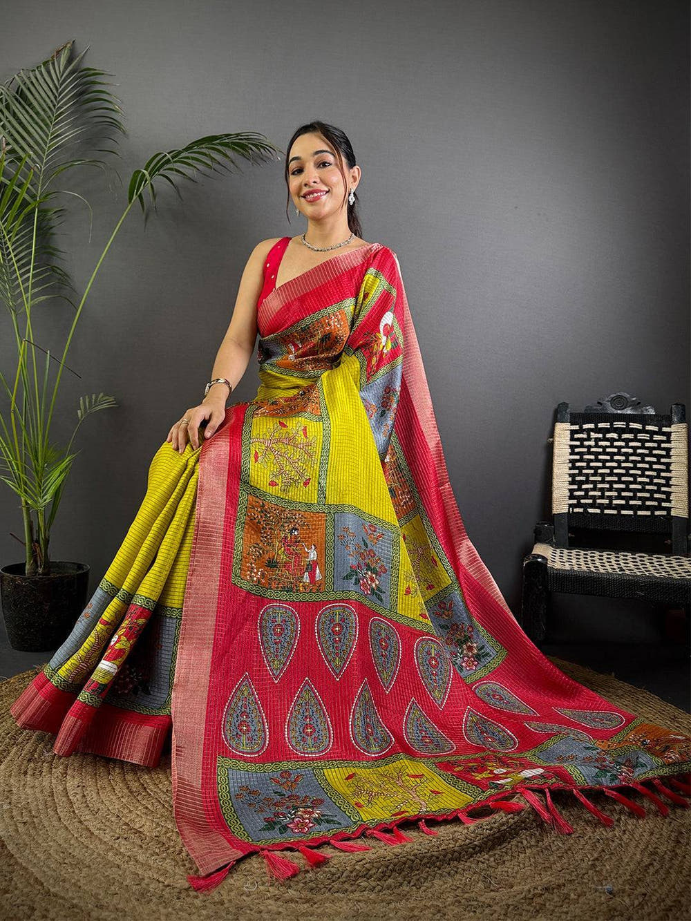 Olive Tussar Kalalmkari Print Saree