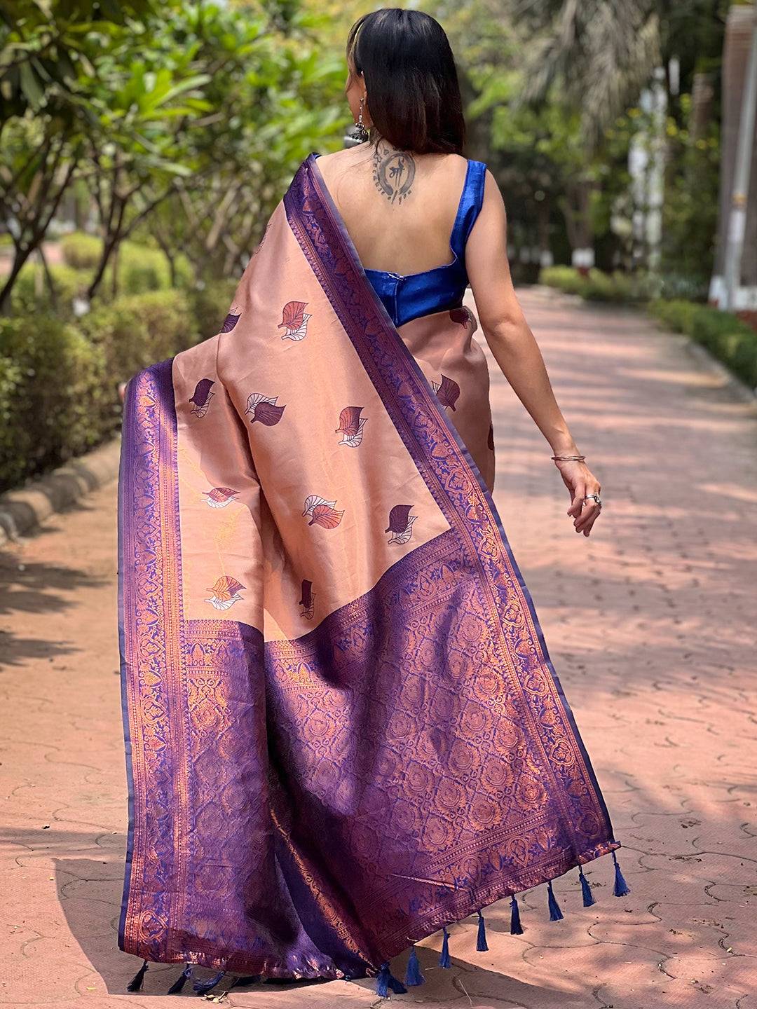 Pastel Peach Kanjivaram Tissue Saree With Gold Zari Weaving