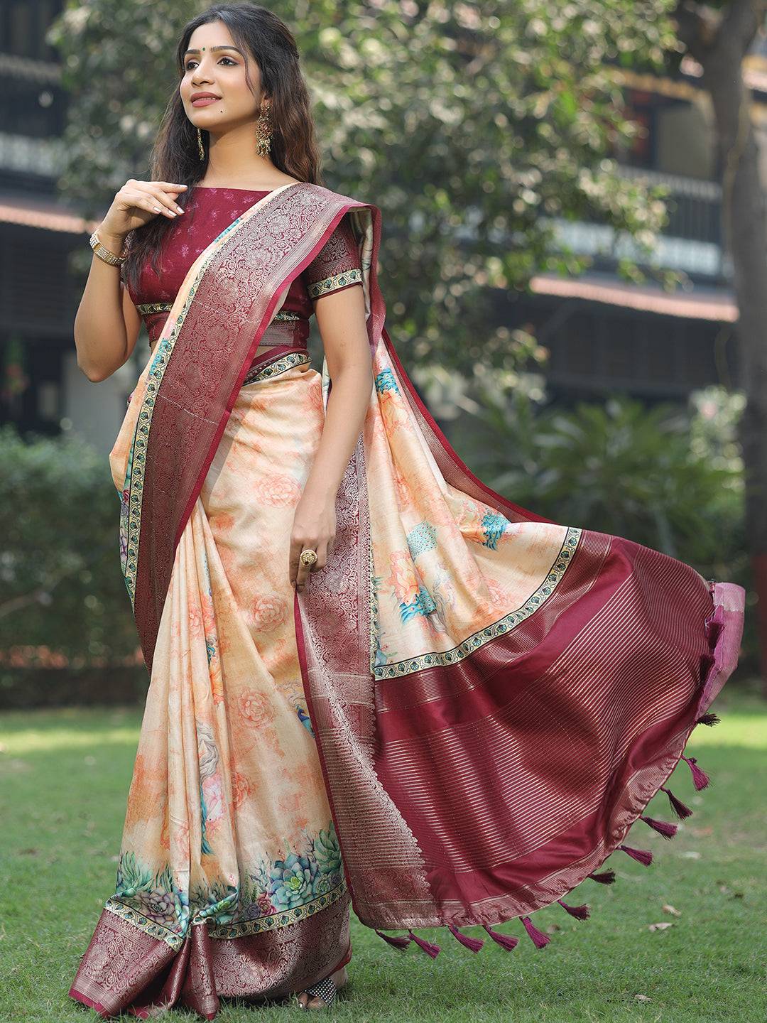 Peach Colour Phulkari Design Zari Weaving Pallu Saree - Luxe