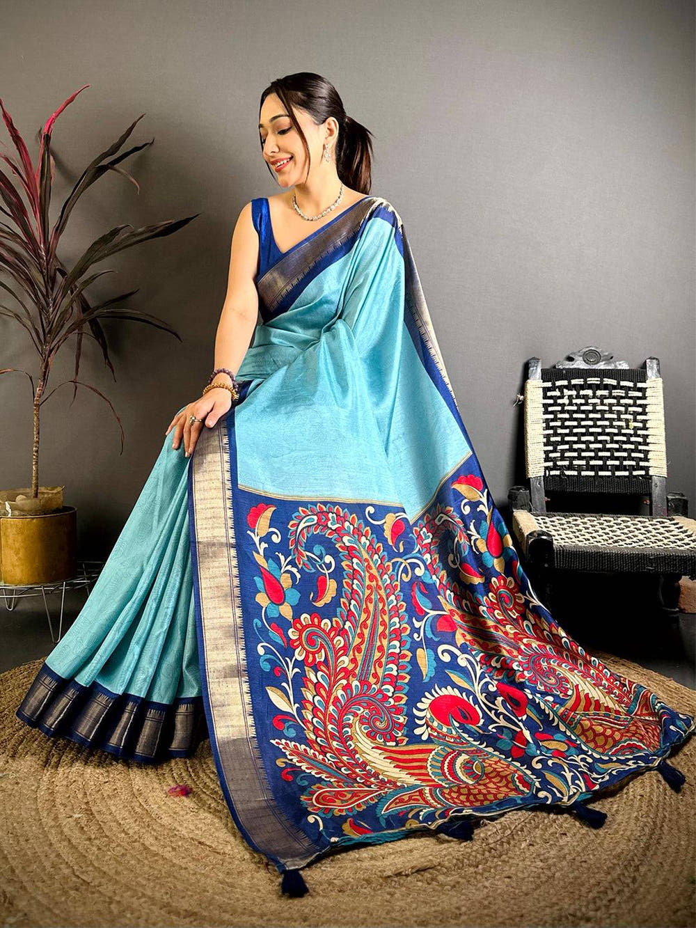 Aqua Kalamkari Pallu Dola Saree