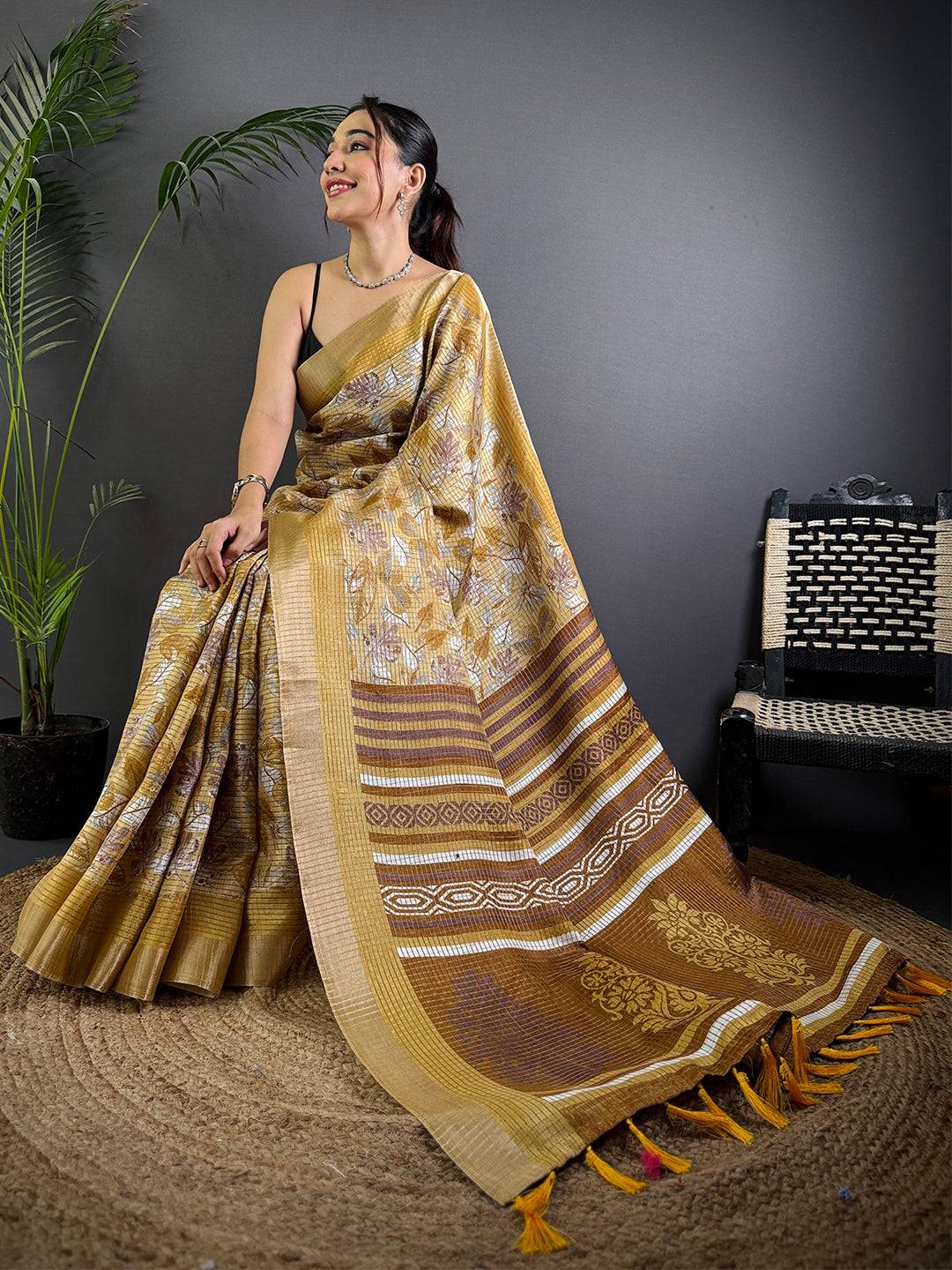 Mustard Tussar Chex Floral Print Saree