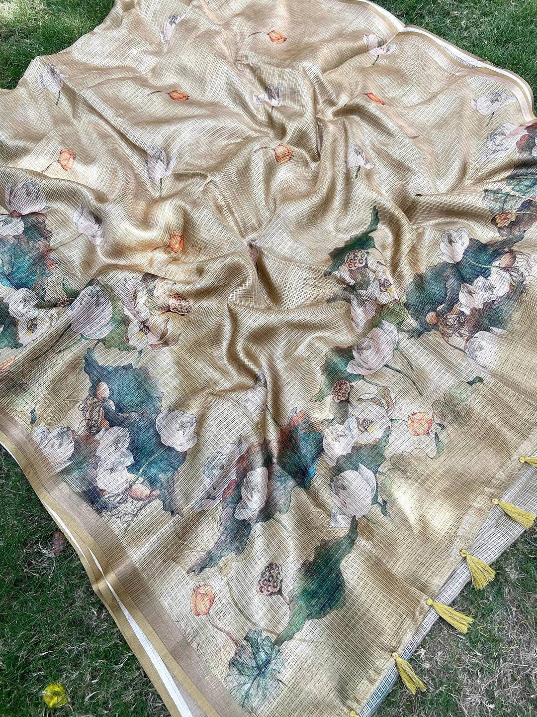 Bollywood Cream Soft Kota Doriya Silk Saree With Flower Print