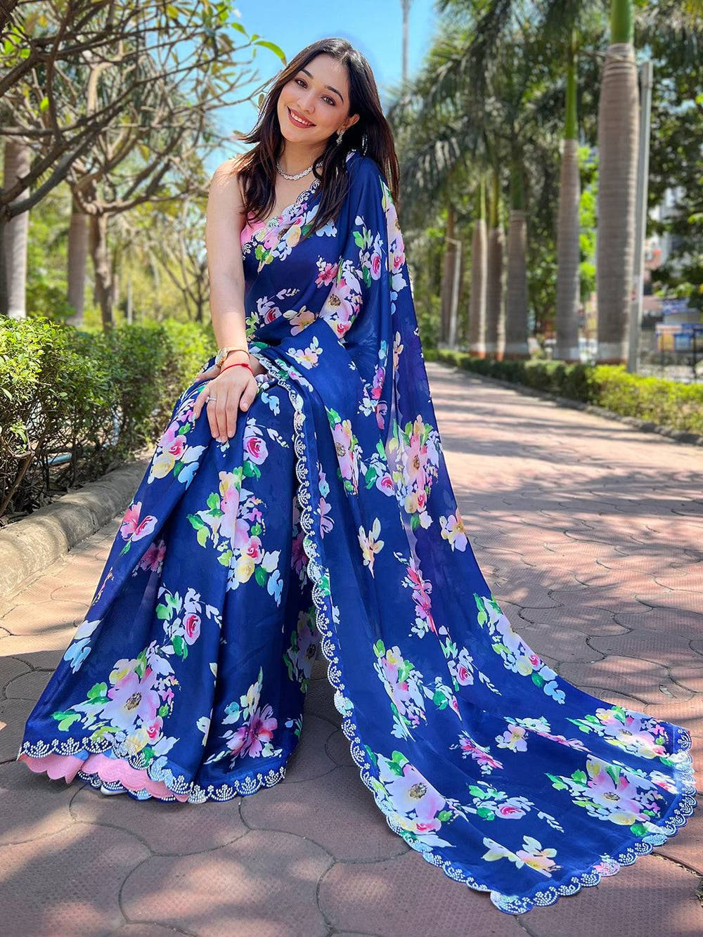 Navy Satin Georgette Floral Print Saree
