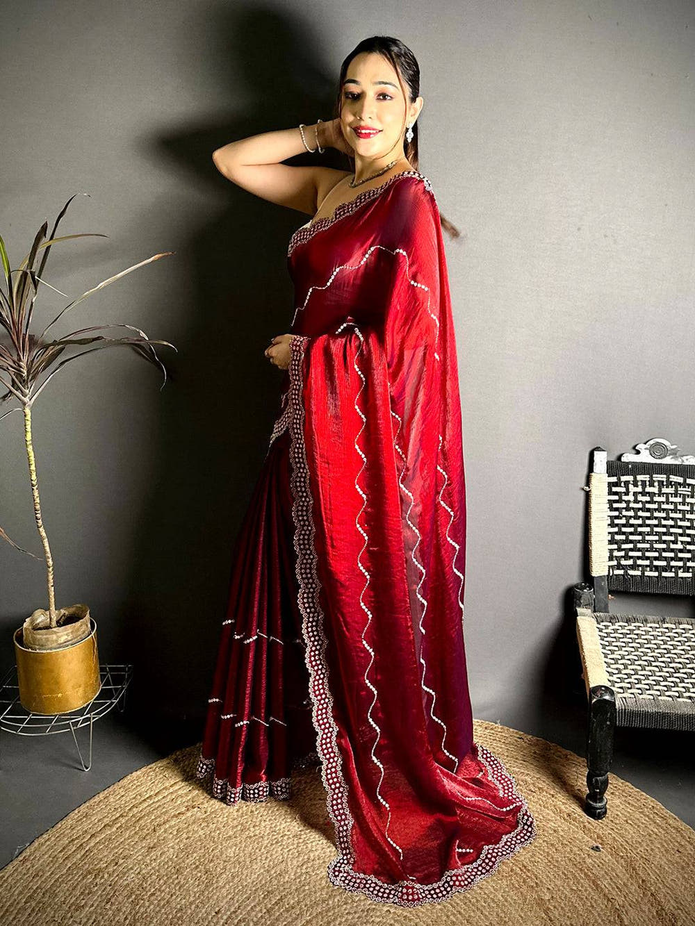 Red Pearl Stone Chiffon Satin Saree