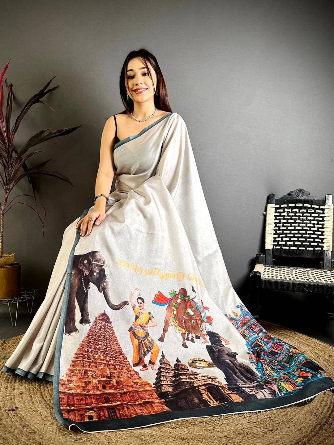Royal Tamil Cultural Icons Digital Print saree