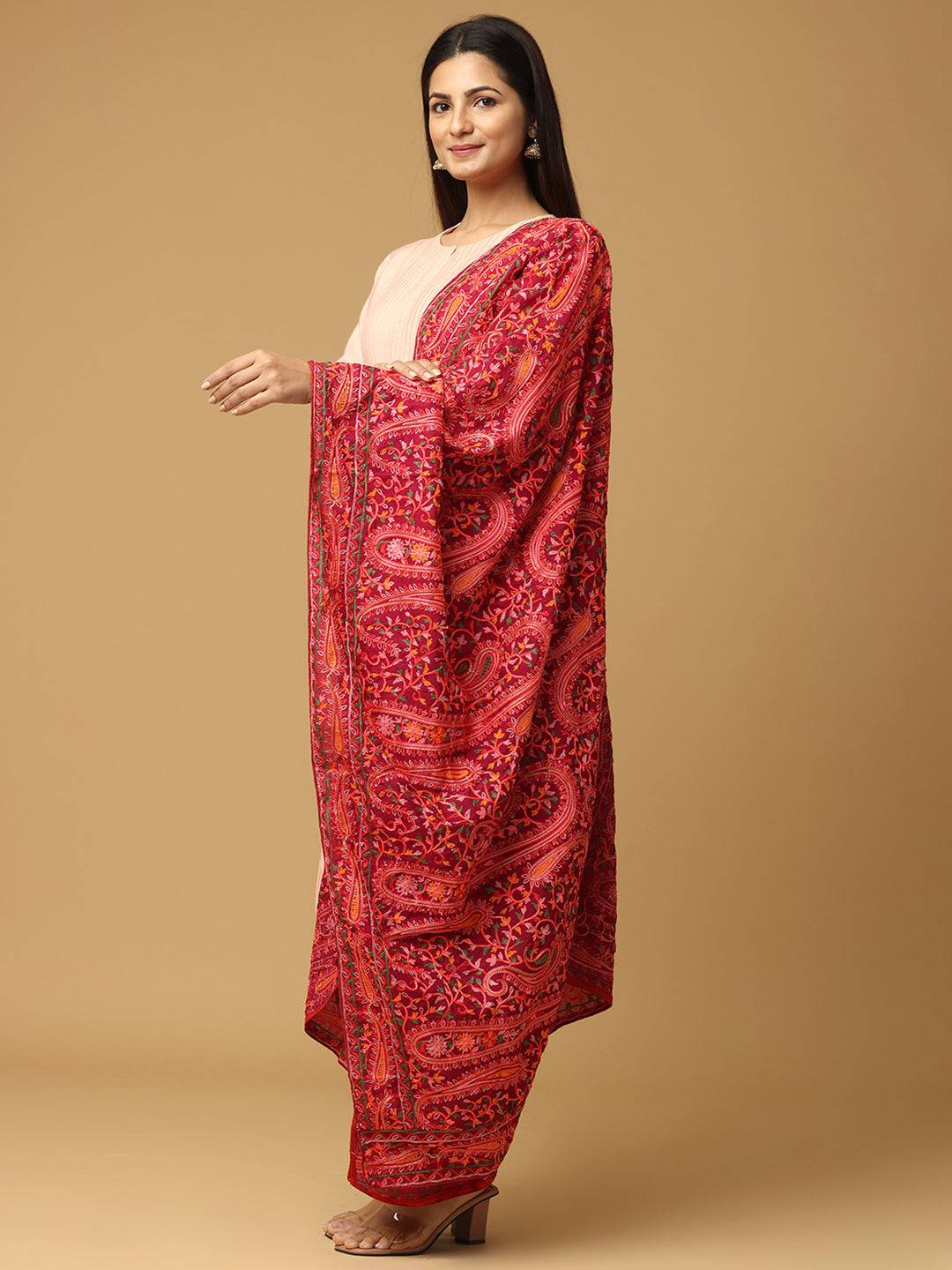 Wine Red Dense Floral Pashmina Dupatta