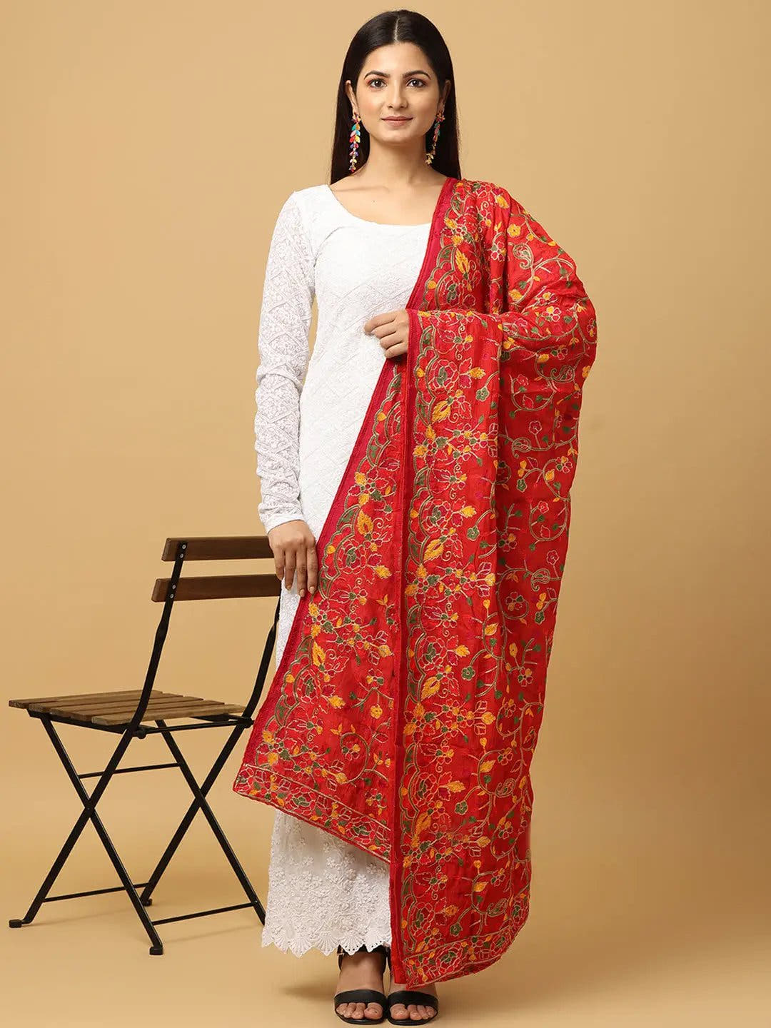Red Scattered Multicolour Pashmina Dupatta