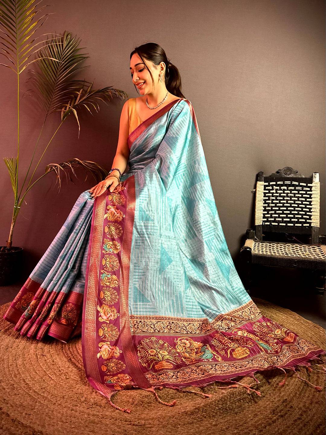 Opulent Tanjore Geometric Semi Silk Saree