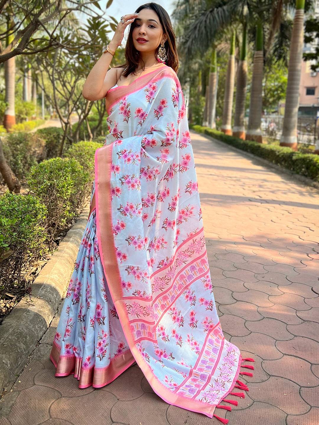 Light Blue Kota With Digital Floral Printed Saree