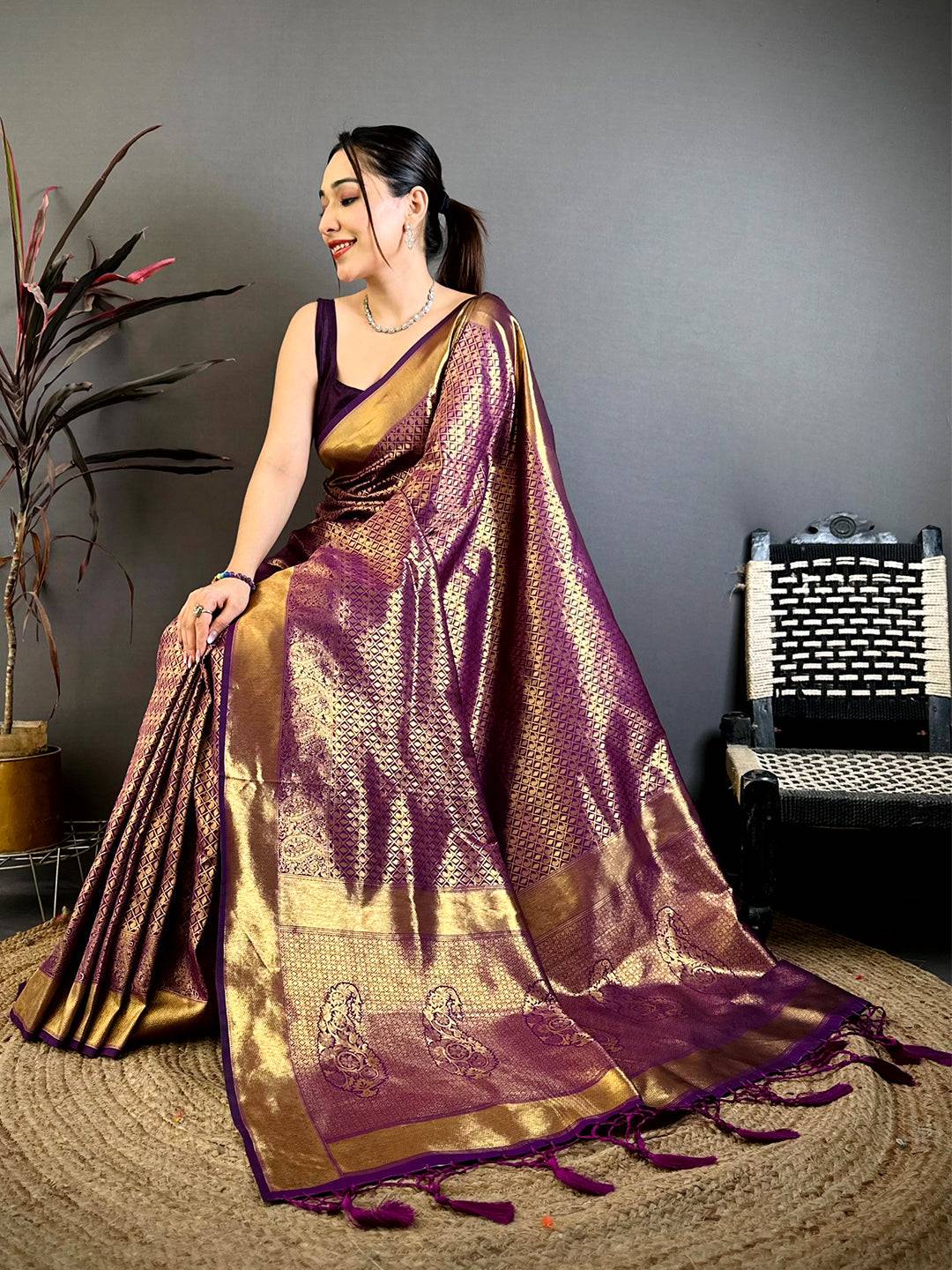 Radiant Wine Kanjivaram Zari Silk Saree