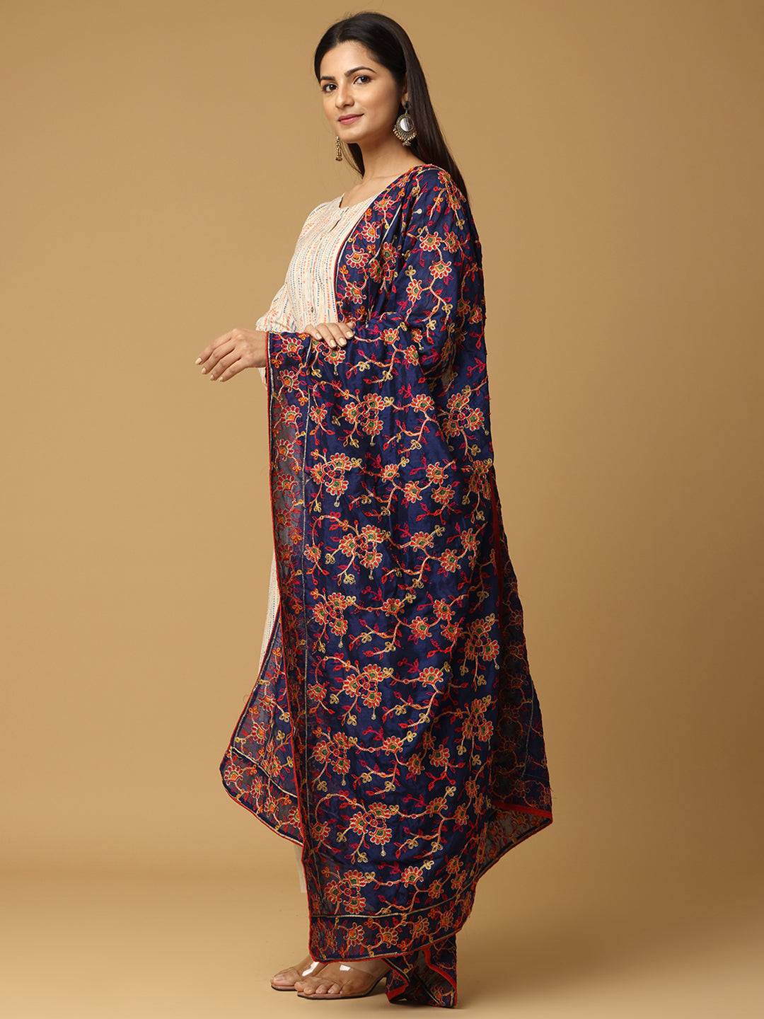 Navy Blue Base Floral Jaal Pashmina Dupatta