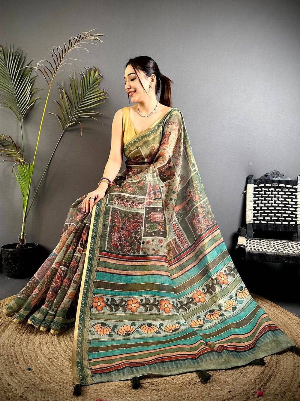 Royal Minakari Kalamkari Linen Saree