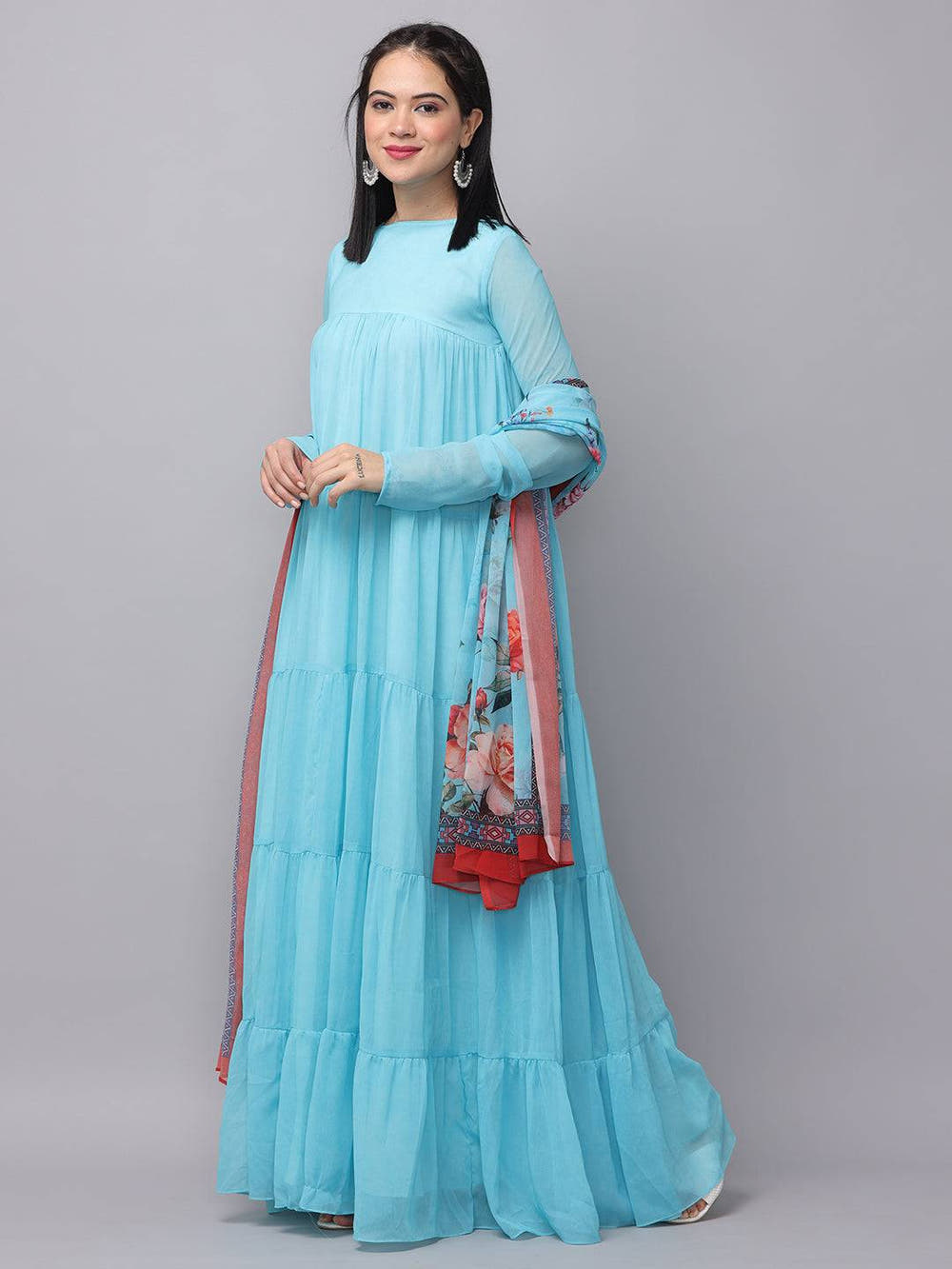 Powder Blue Long Dress With Dupatta