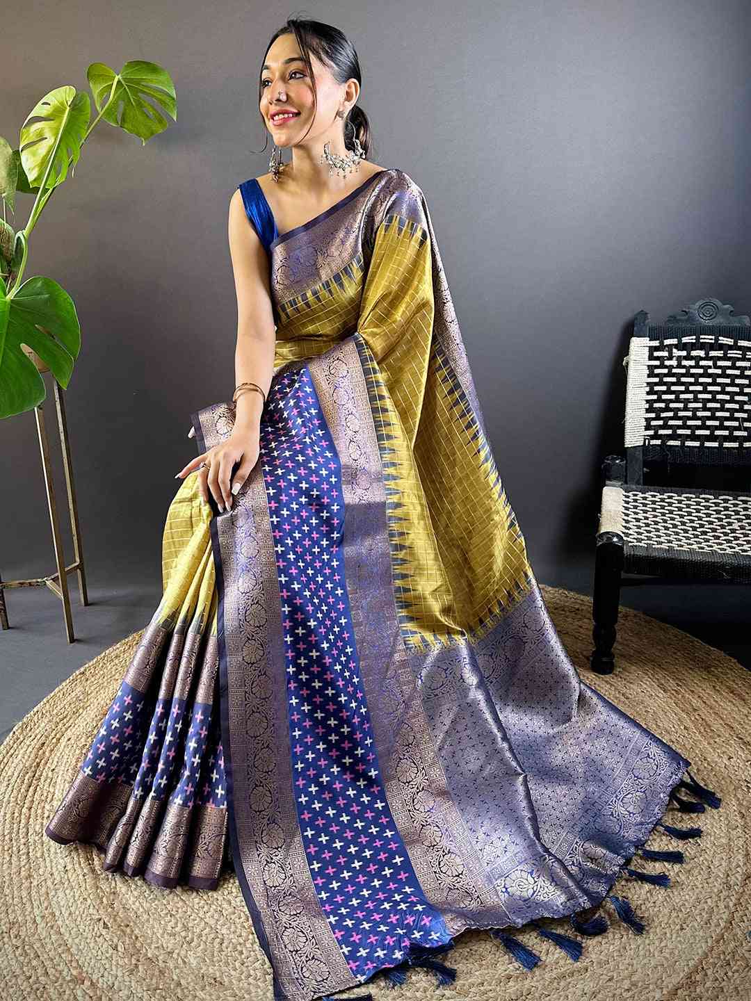 Green Chex Ikkat Saree With Double Border