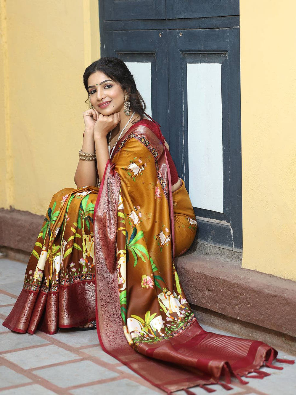 Pichwai Print Zari Weaving Pallu Saree In Mustard Colour - Luxe
