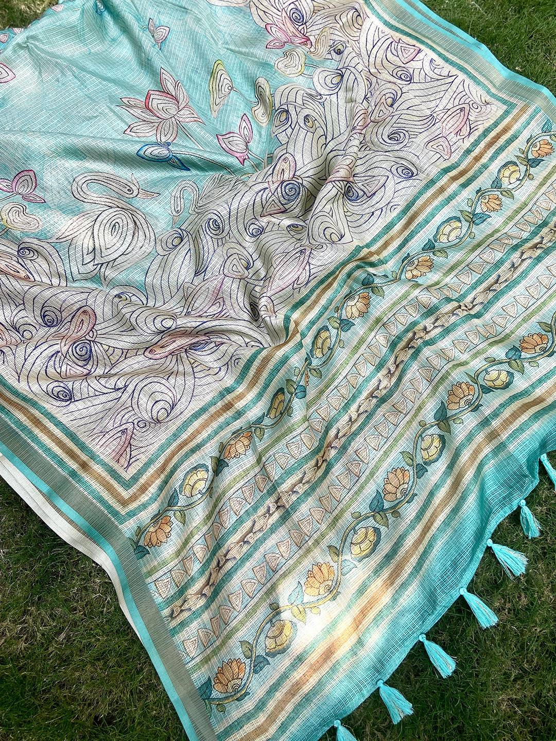 Turquoise Soft Kota Doriya Silk Saree With Flower Kalamkari Print
