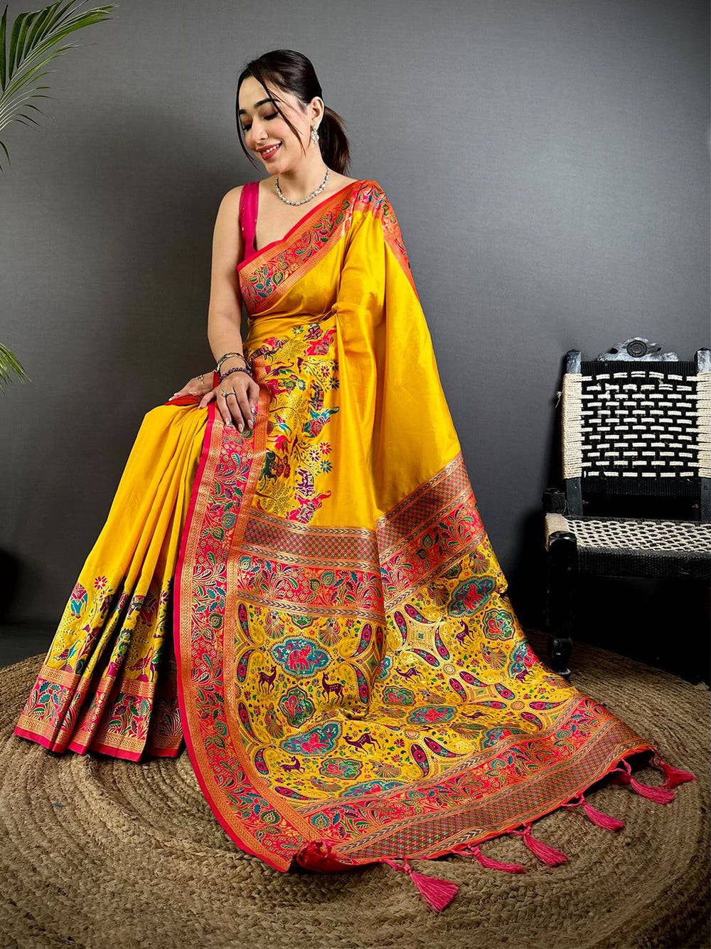 Yellow Soft Semi Silk Minakari Weave Saree