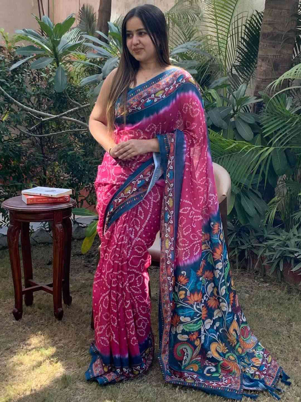 Linen Bandhej Kalamkari Digital Print Saree