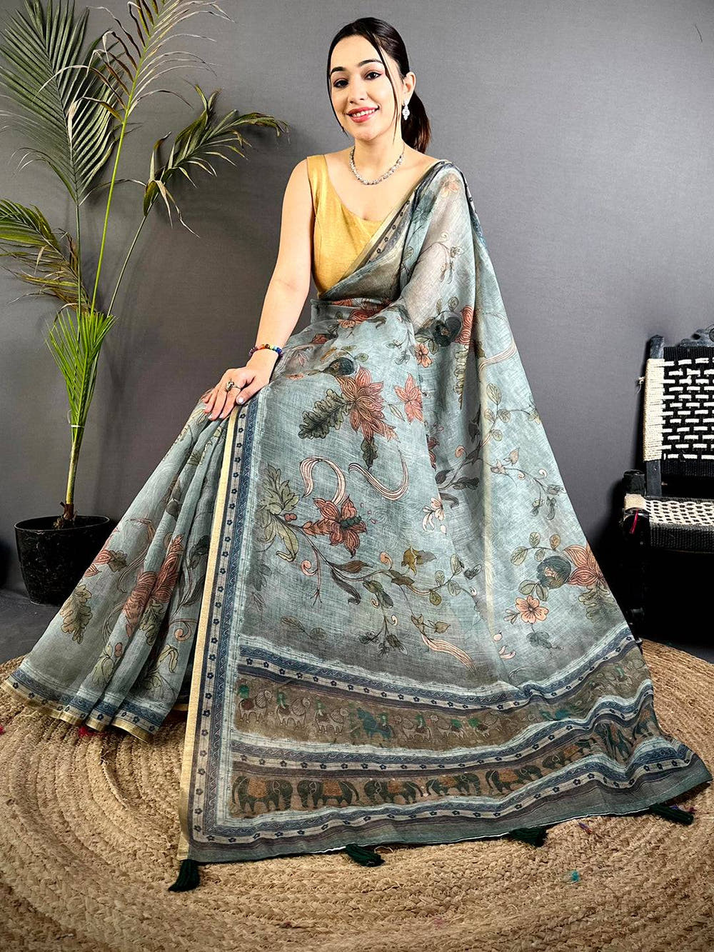 Regal Dark Floral Linen  Saree