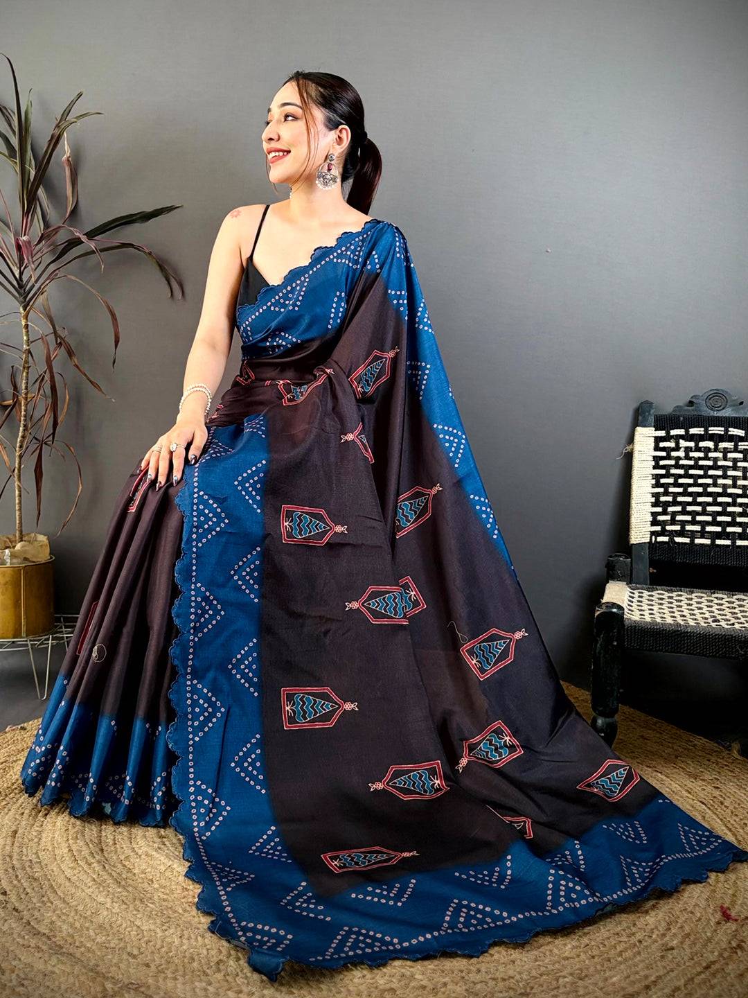 Heritage Ajrakh Print Tussar Bandhani Saree
