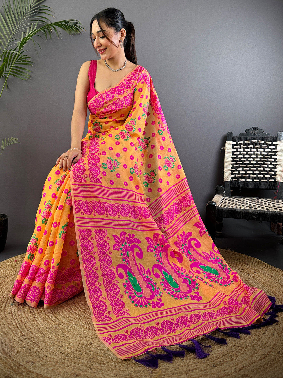 Mustard Dhakai Jamdani Cotton Silk Saree