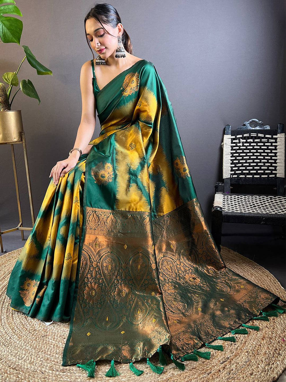 Mustard Tussar Silk Ikkat Weaving Saree