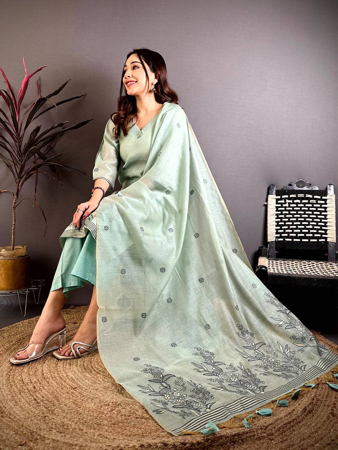 Sage  Green  Floral  Weave  Dress