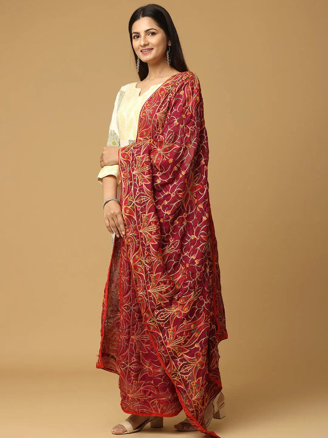Wine Warm Floral Jaal Pashmina Dupatta