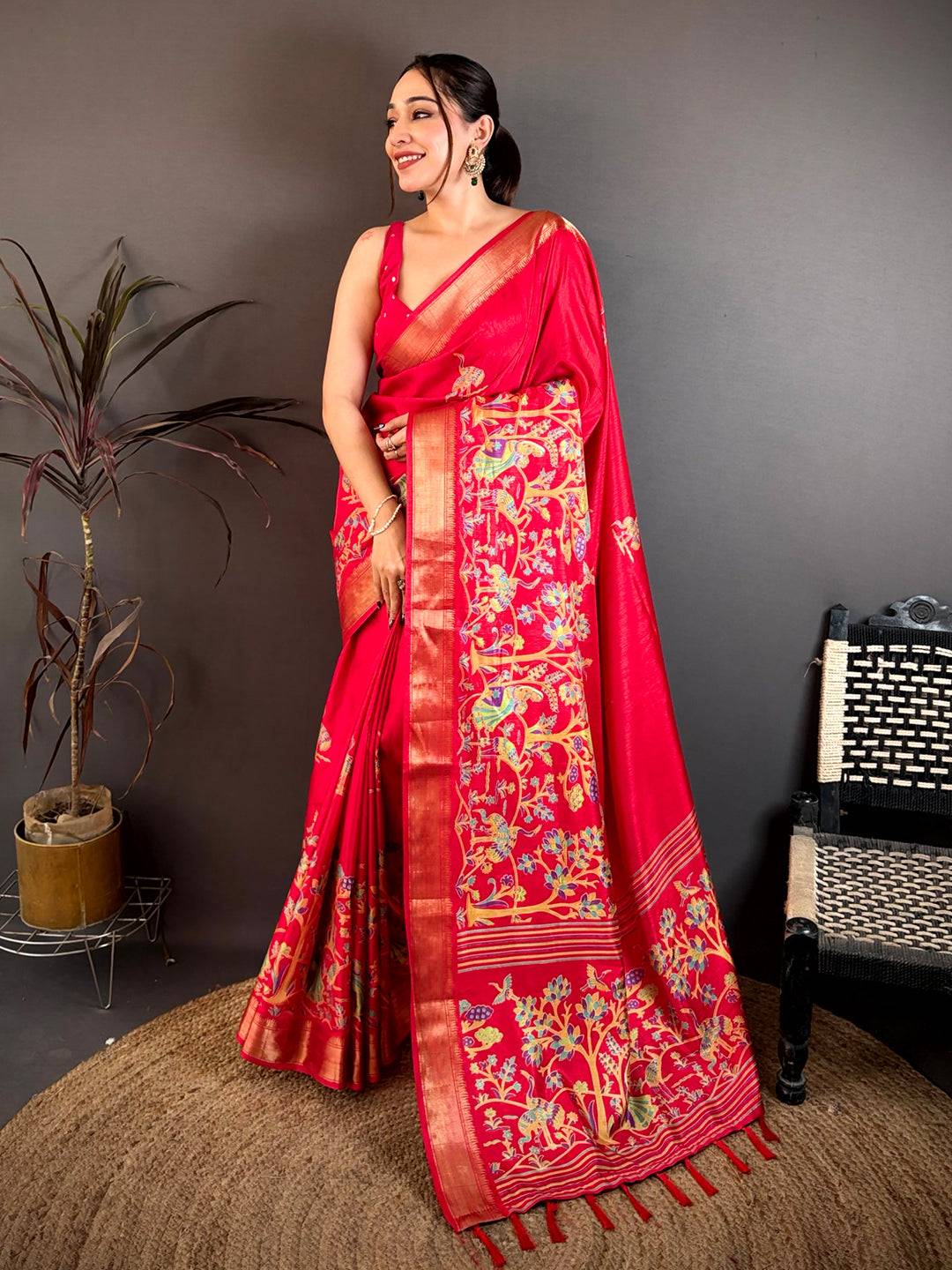 Dark Pink Shade Printed Dola Silk Saree