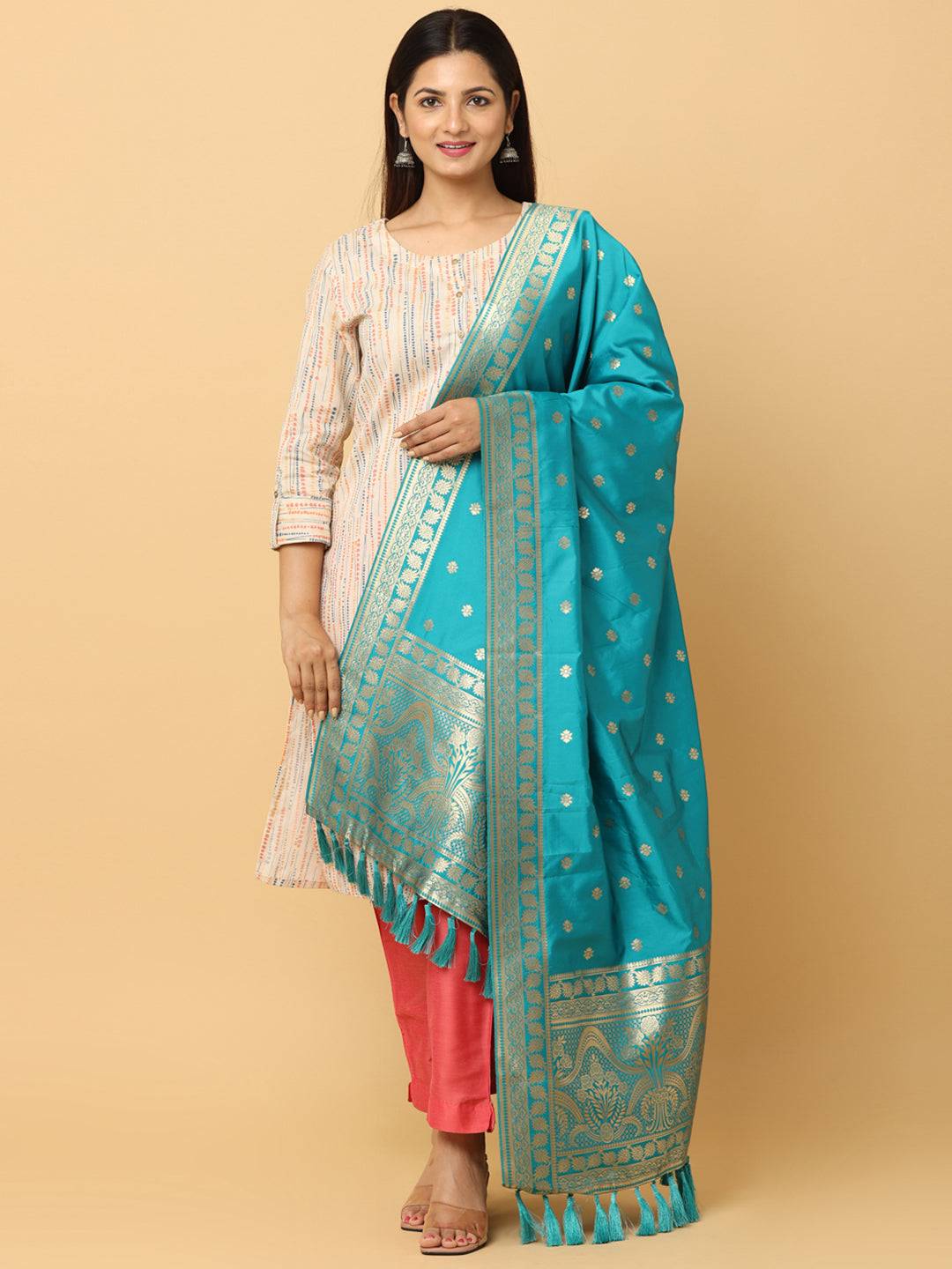 Woven Design Silk Blend Turquoise Colour Dupatta