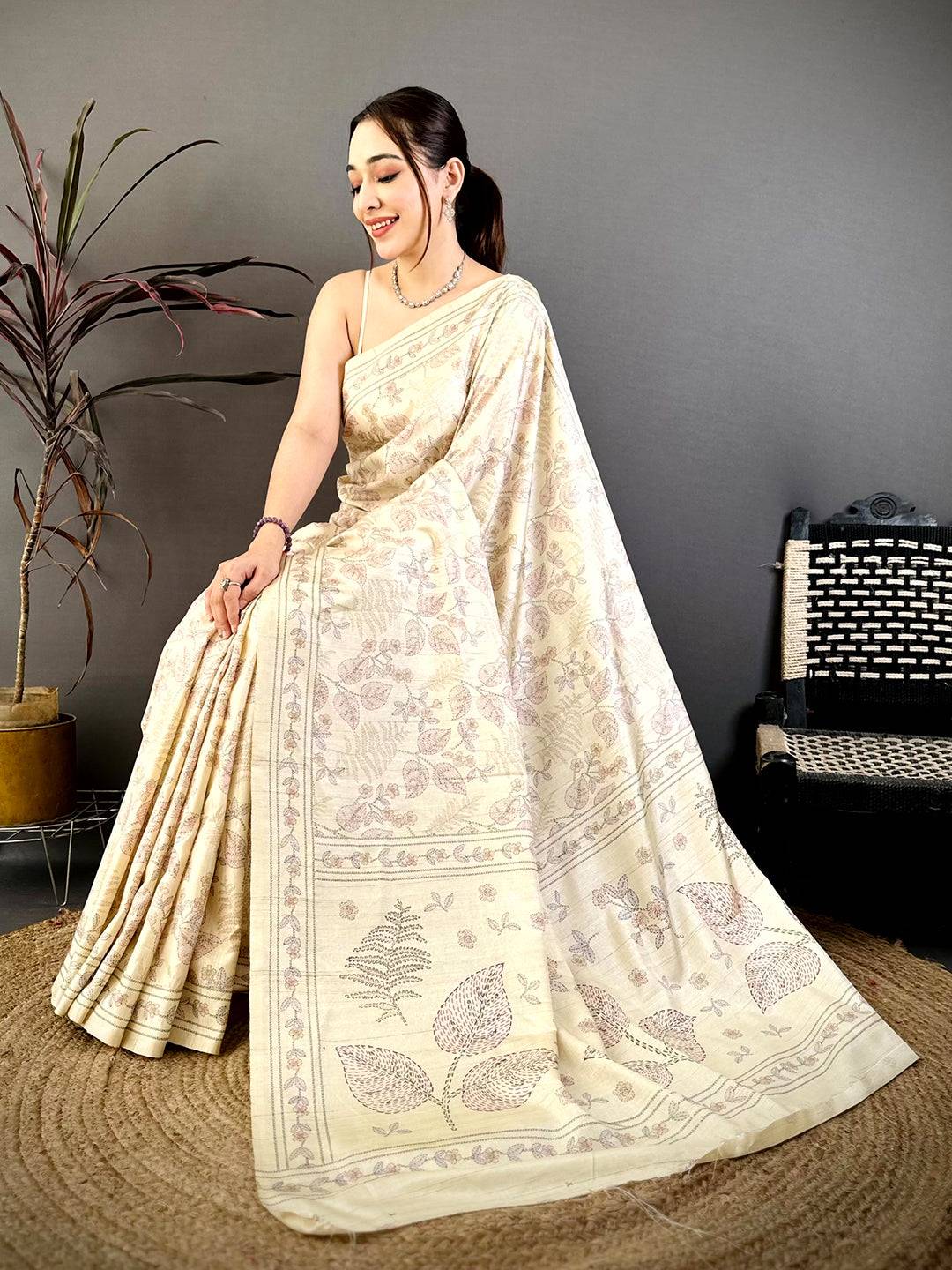 Traditional Katha Art Soft Tussar Saree