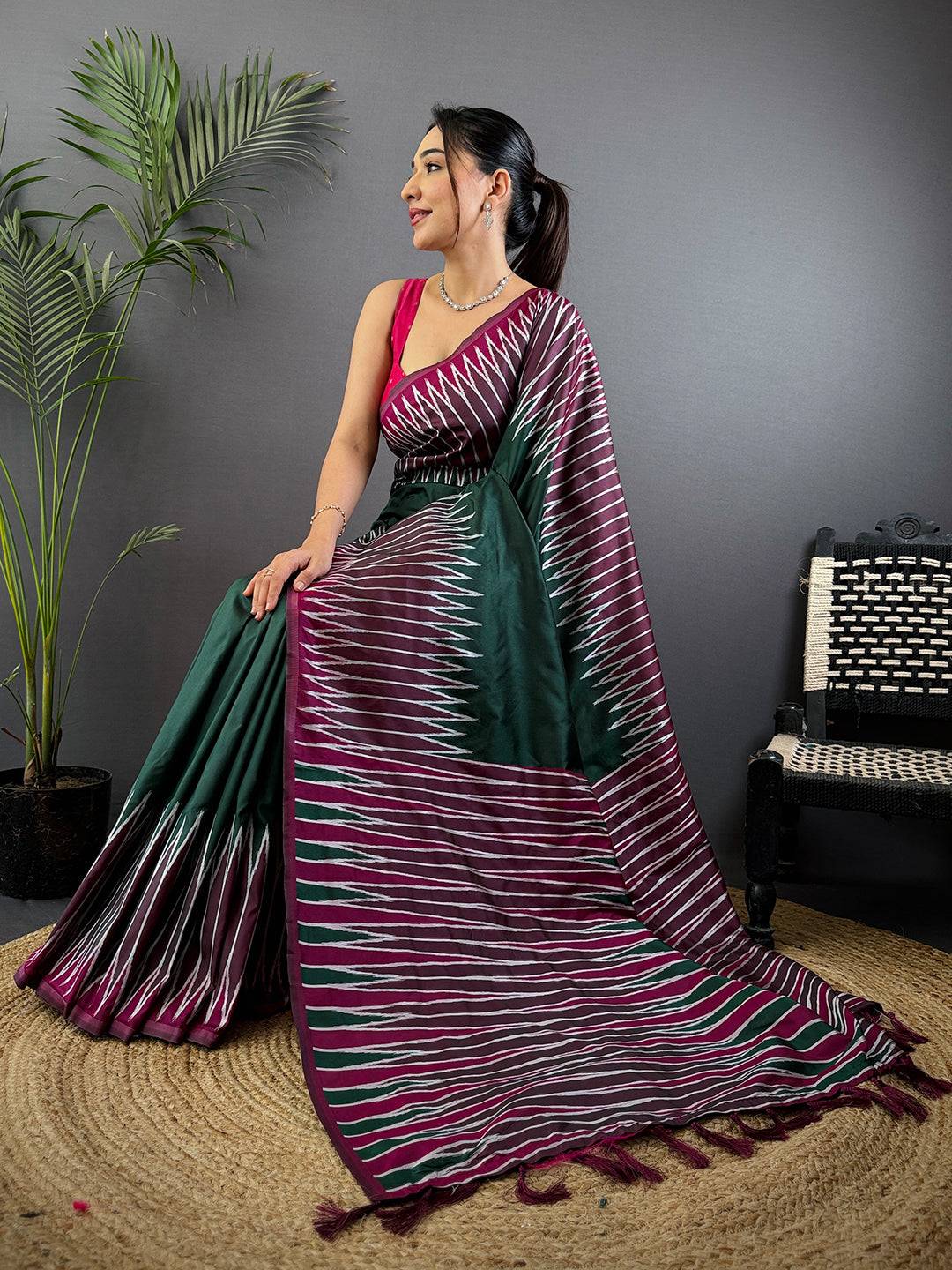 Green Soft Silk Ikkat Zari Weaving Saree