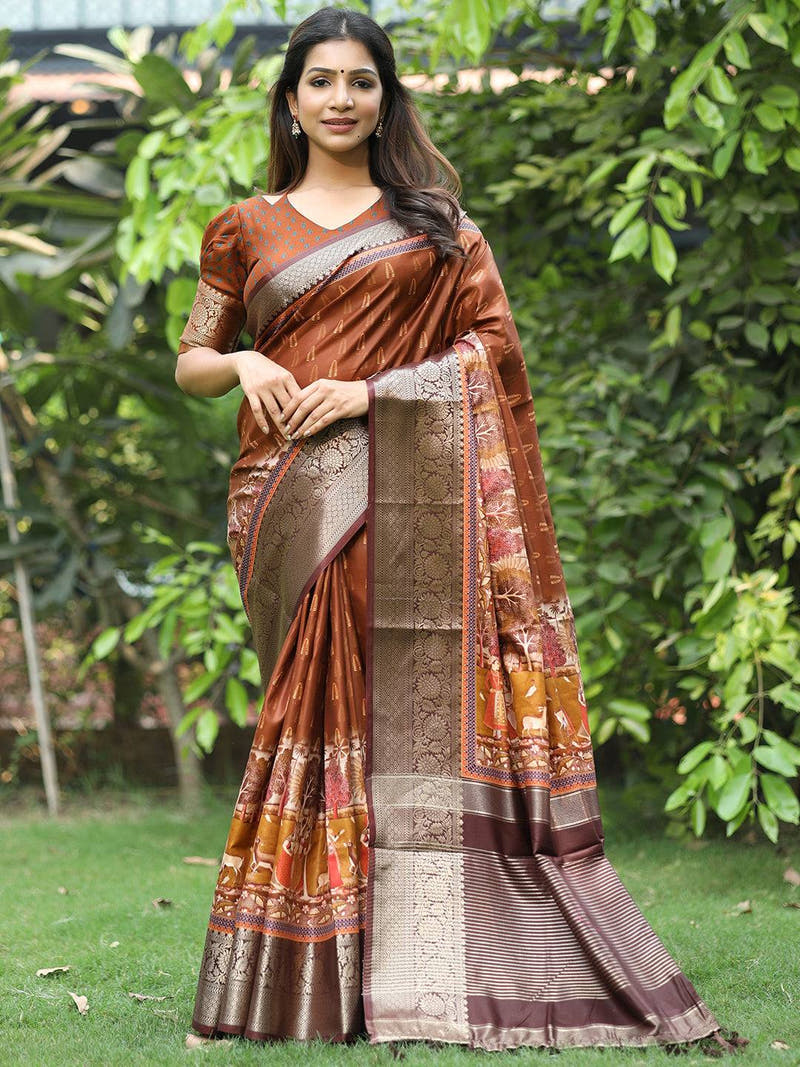 Coffee Brown Hand Kalamkari Printed Pure Viscose Dola Silk Saree - Luxe