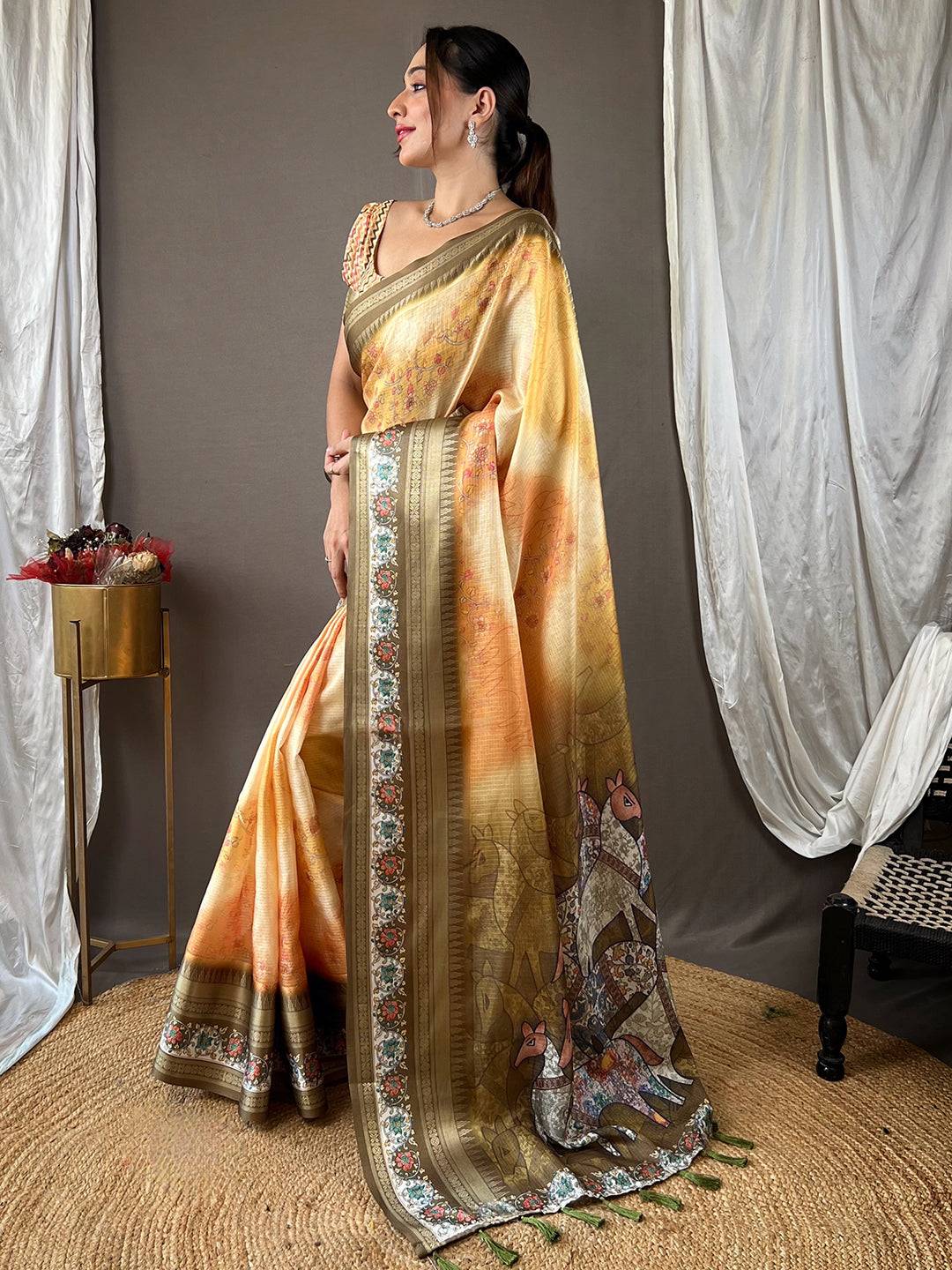 Mellow Yellow Kota Satin Border Saree