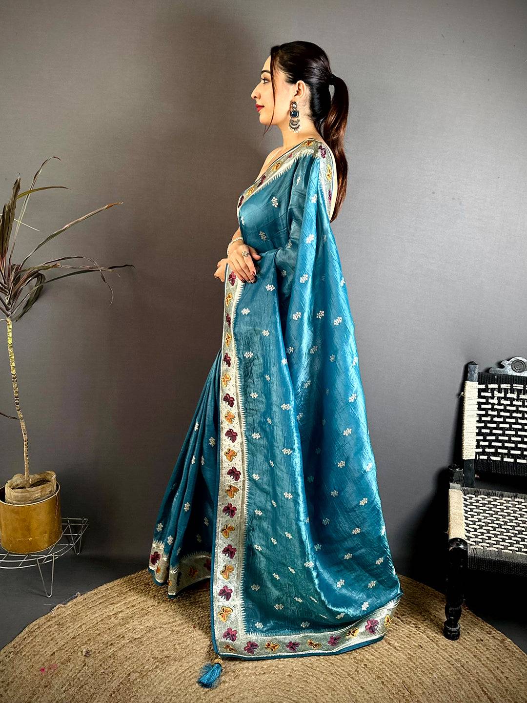 Rama Crush Silk Zari Embroidered Saree