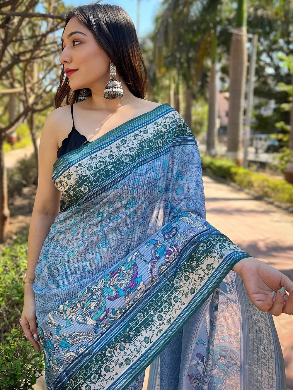 Satin Kota Doria Saree With Kalamkari Digital Print In Blue Colour