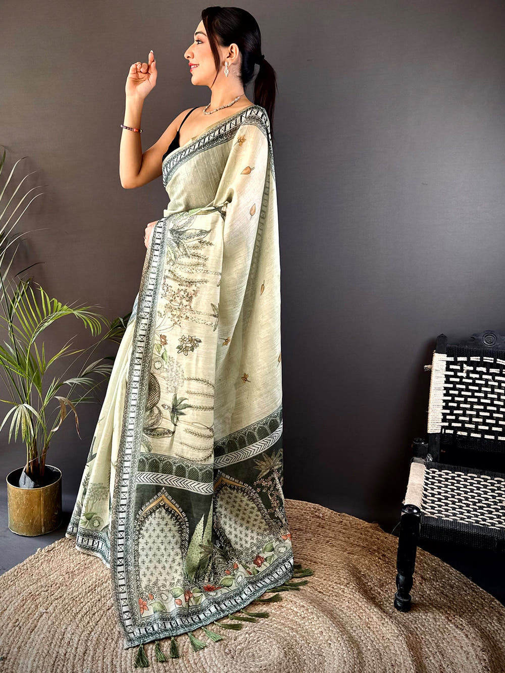 Mint Green Tissue Floral Leaf Print Saree