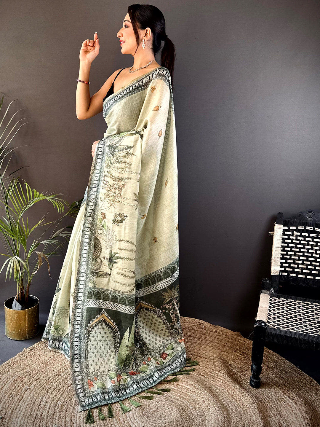 Mint Green Tissue Floral Leaf Print Saree